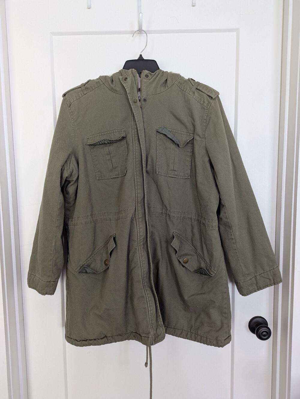 Old Navy Women's XL Olive Green Parka Coat W/Fur Hood Sherpa Lining Pockets